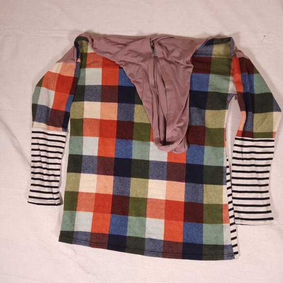 Celeste Multi Pattern Hoodie Womens Medium Check Striped Drawstring USA FLAW - Picture 12 of 16